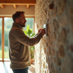 Homme ajustant un thermostat dans une maison bioclimatique lumineuse