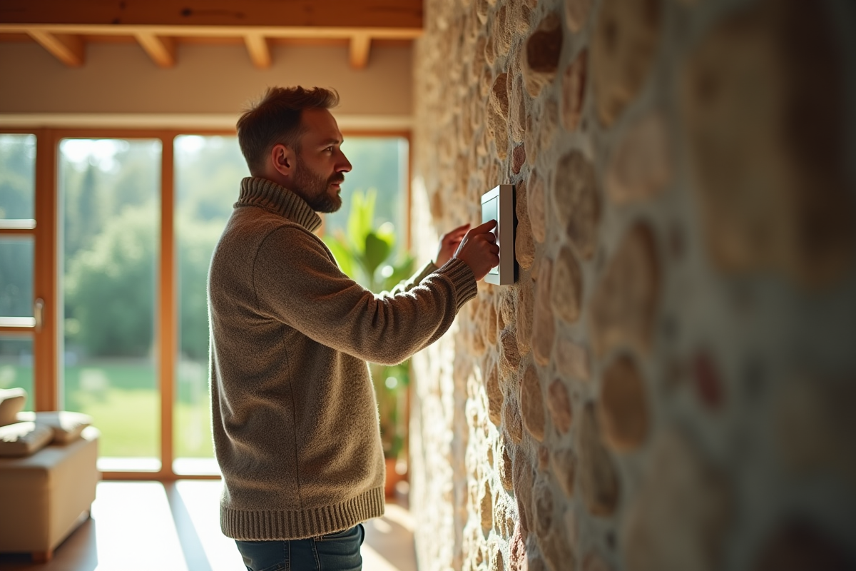 Homme ajustant un thermostat dans une maison bioclimatique lumineuse