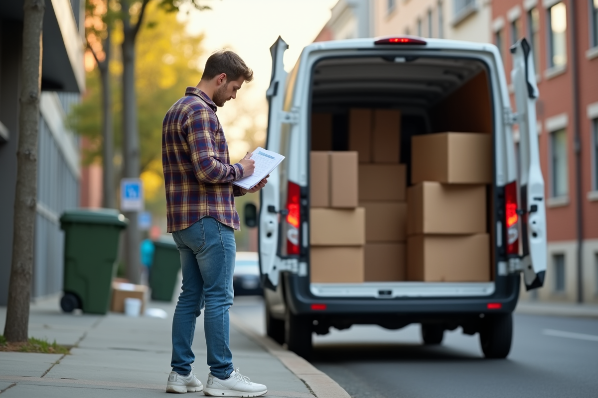 Jeune homme vérifiant une liste de déménagement dans une rue urbaine