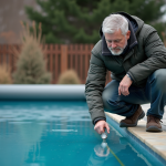Homme vérifiant le niveau d'eau dans une piscine privée en hiver
