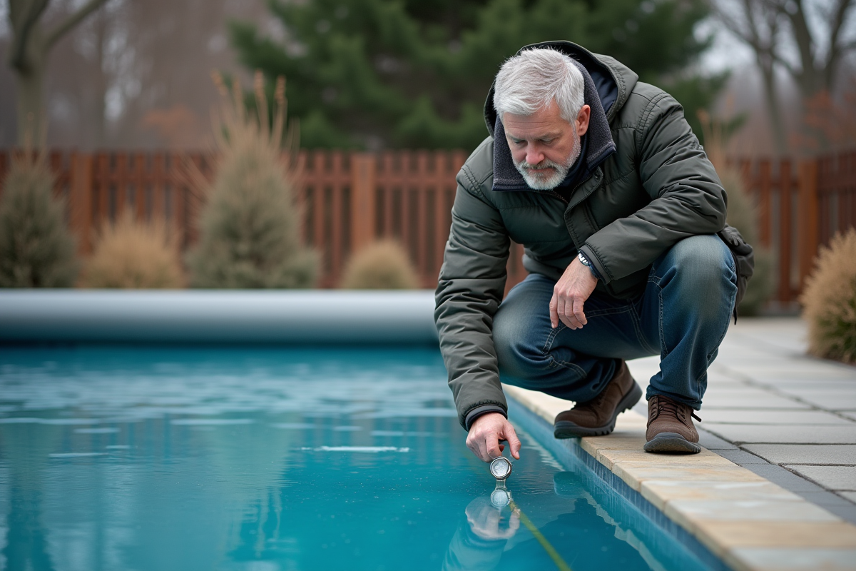 Homme vérifiant le niveau d'eau dans une piscine privée en hiver