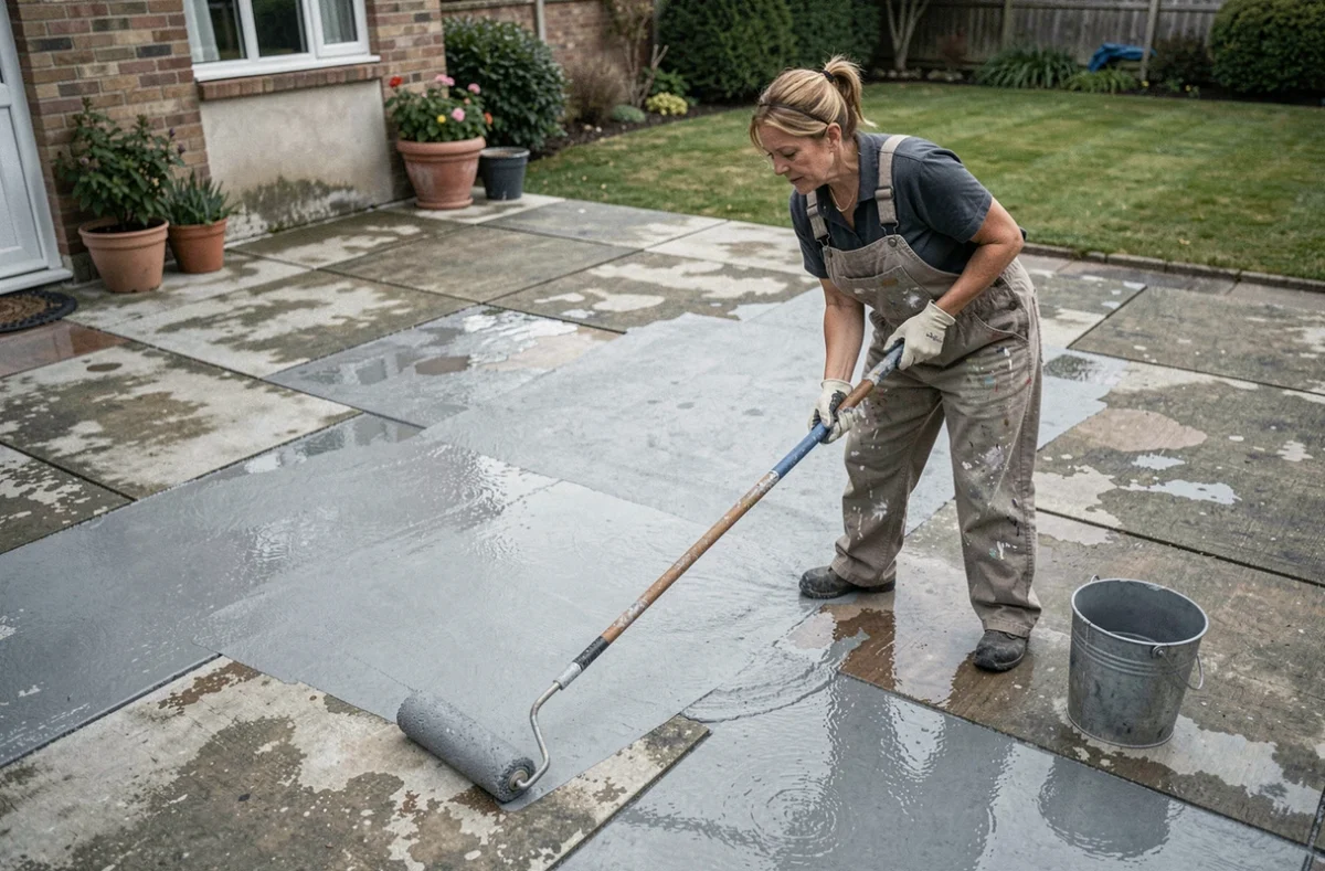 Femme appliquant un traitement imperméabilisant surbot béton sur une terrasse extérieure en rénovation