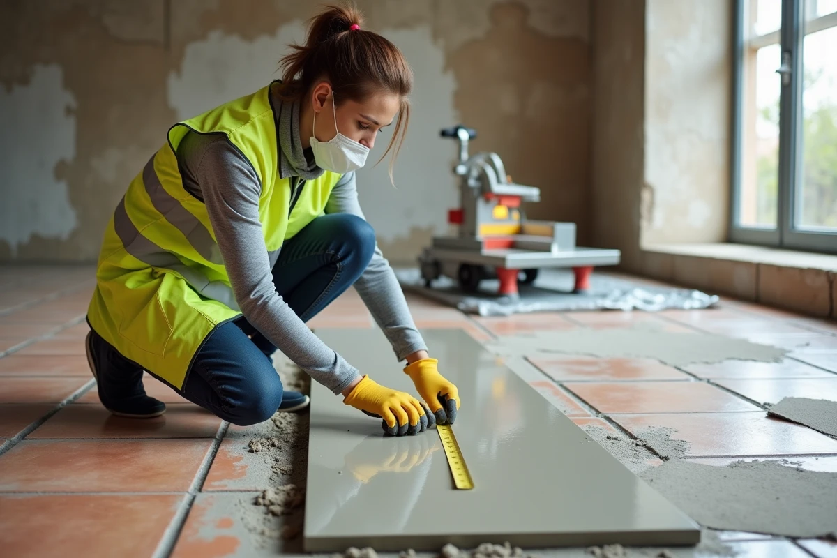 Artisane inspectant la coupe nette d'une dalle béton dans un salon en rénovation, avec le carrelage en terre cuite environnant préservé et intact