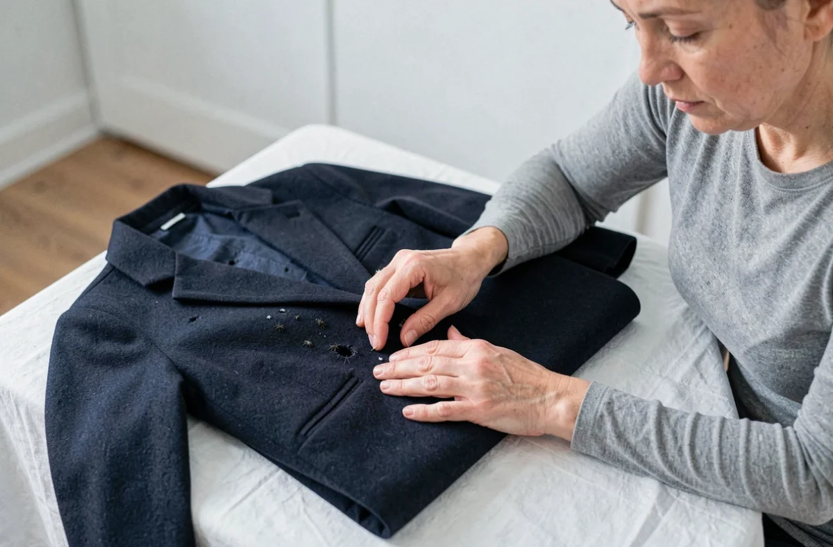 Femme inspectant un manteau en laine bleu marine endommagé par de petits insectes noirs, trous dans le tissu visibles