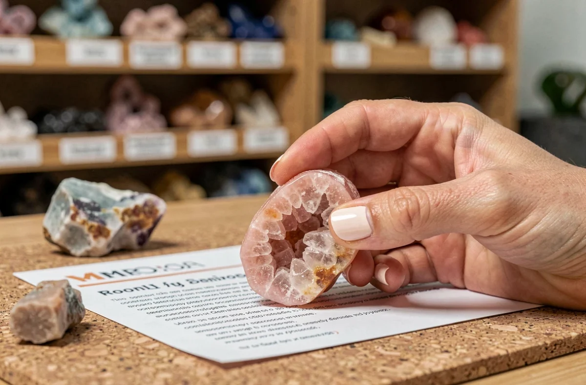 Gros plan sur des mains inspectant la texture cristalline d'une pierre rose des sables avec une fiche produit en dessous