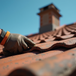 Ouvrier inspectant un vieux toit en tuiles sous le soleil