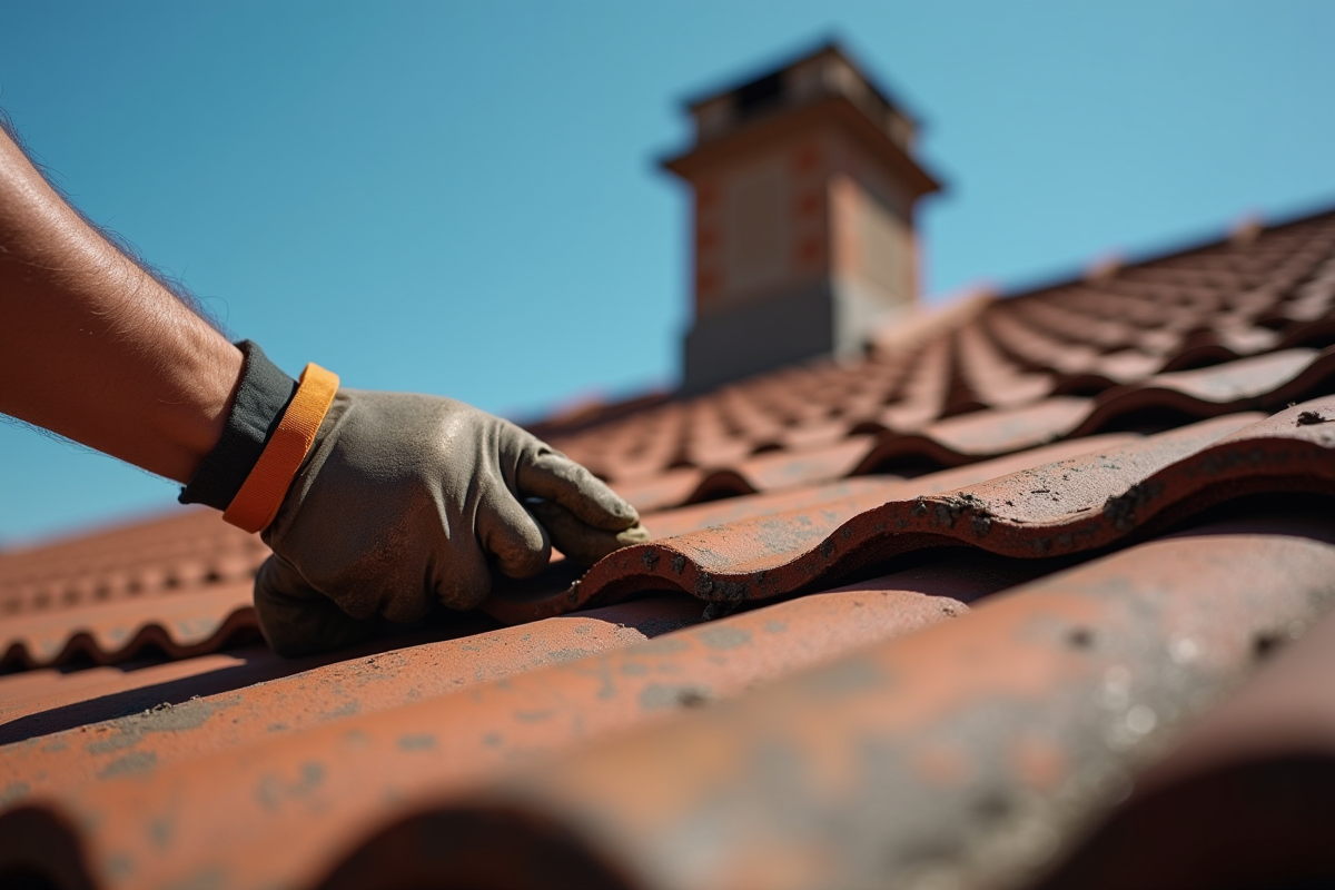 Ouvrier inspectant un vieux toit en tuiles sous le soleil