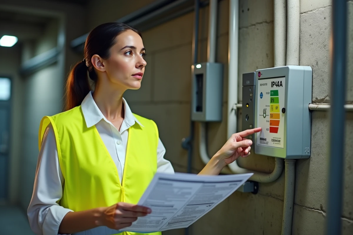 Inspectrice en sécurité électrique montrant un boîtier de dérivation classé IP44 dans un atelier industriel
