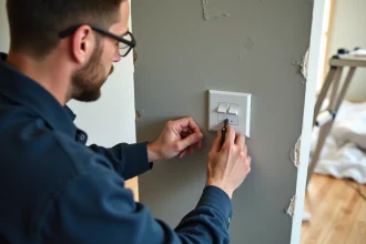 Électricien installant un bouton poussoir blanc sur un mur en cours de rénovation intérieure