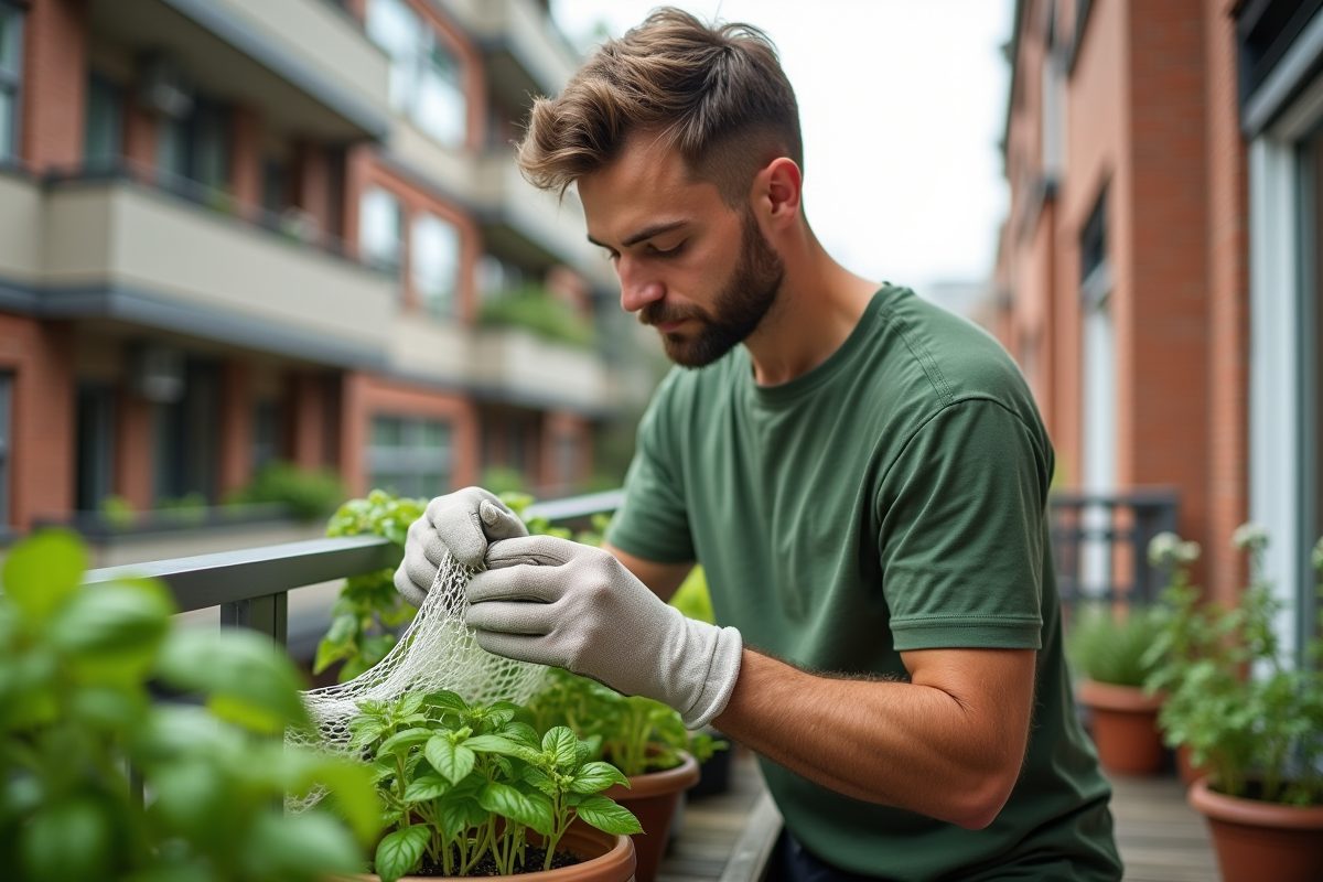 Jeune homme posant un filet sur ses plantes en pot sur balcon