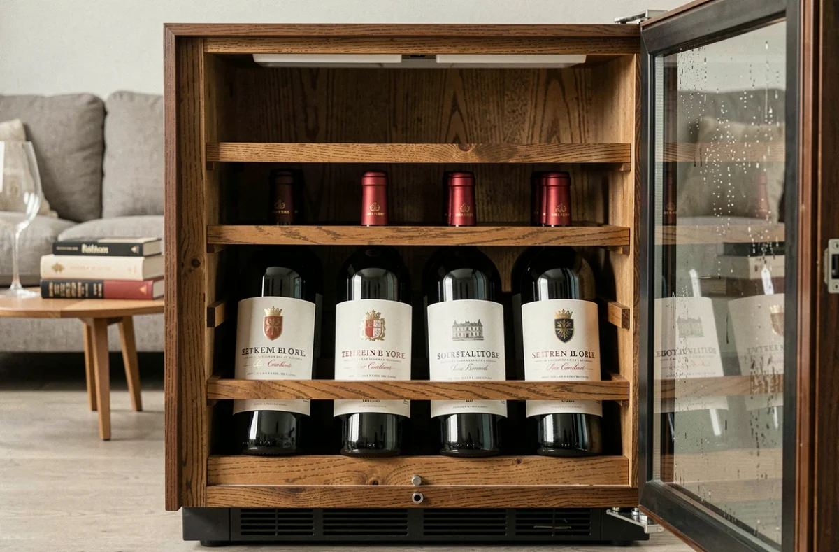 Intérieur d'une cave à vin mini ouverte avec bouteilles de grands crus rangées horizontalement dans un studio
