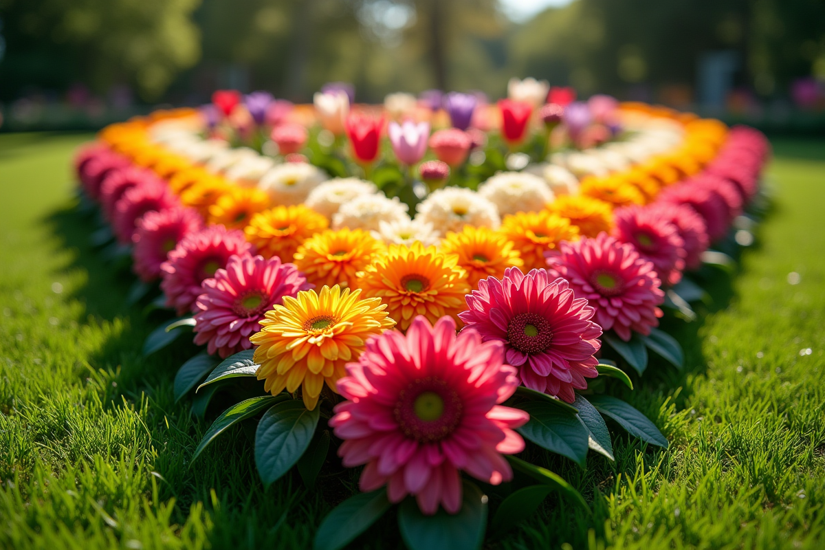 Jardin avec massif de fleurs en V coloré en plein soleil