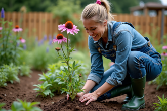 Femme jardiniere en denim examine racines de echinacea