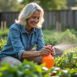 Femme jardinant avec répulsif naturel sur ses tomates