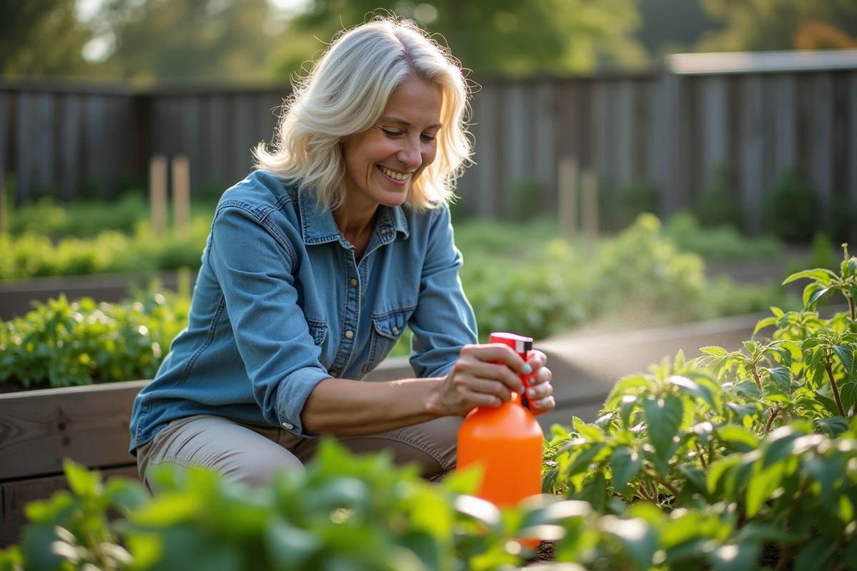 Femme jardinant avec répulsif naturel sur ses tomates
