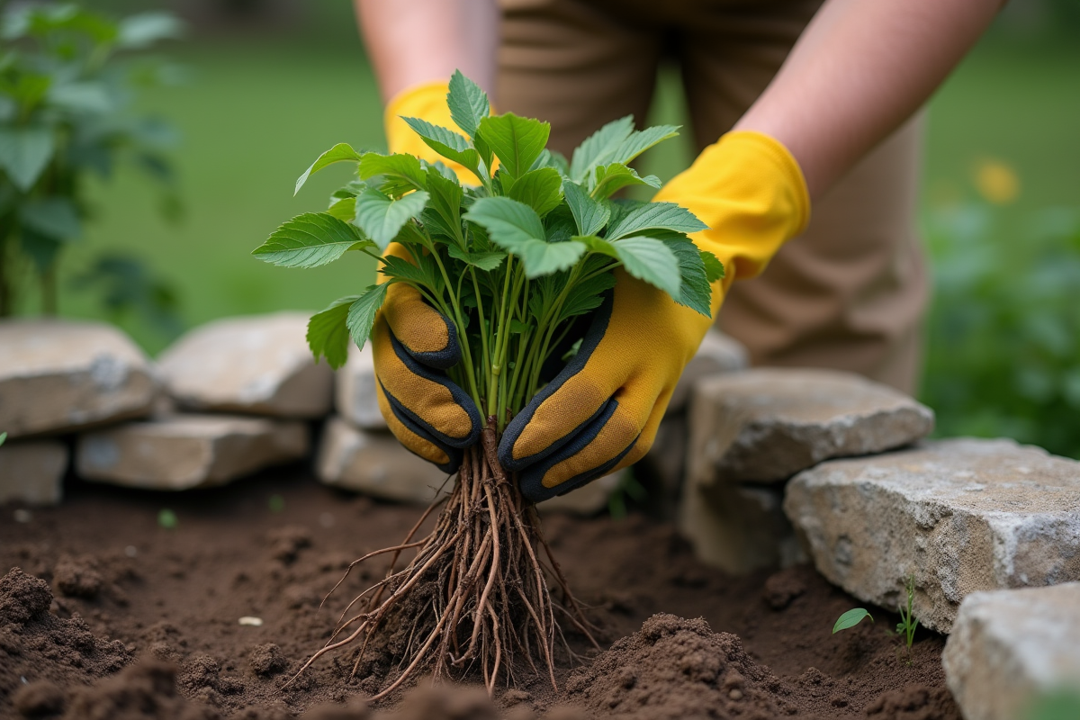 Jeune botaniste montre racines de plantes dans la main