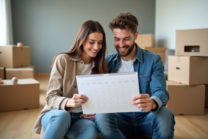 Jeune couple souriant avec calendrier dans leur nouveau logement