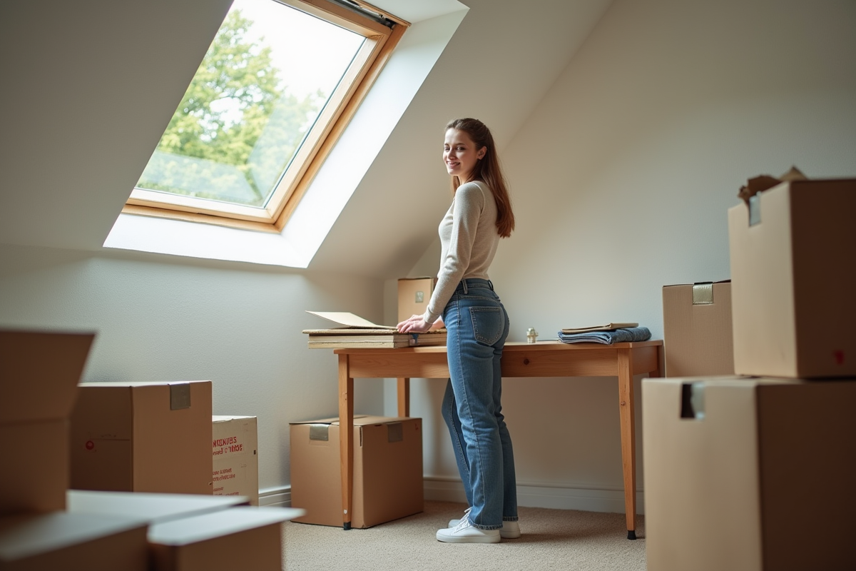 Jeune femme installant un bureau dans un loft lumineux