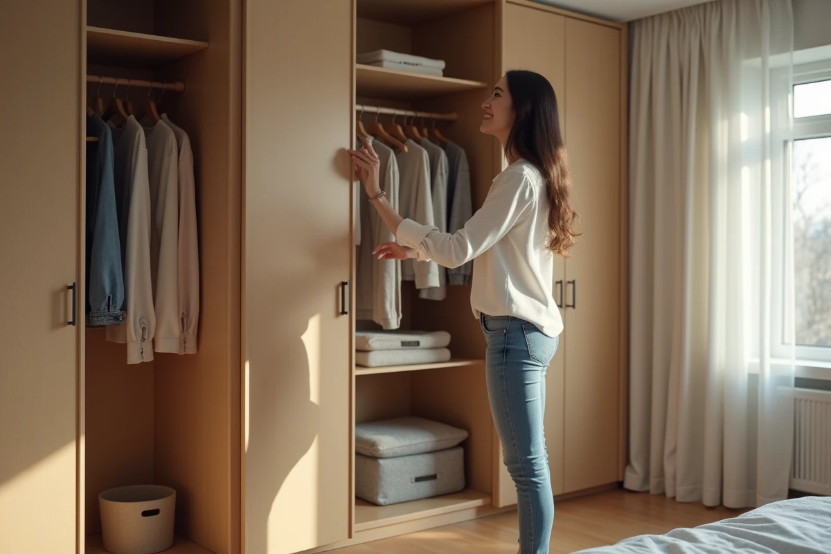 Jeune femme ouvrant une grande armoire moderne dans une chambre lumineuse