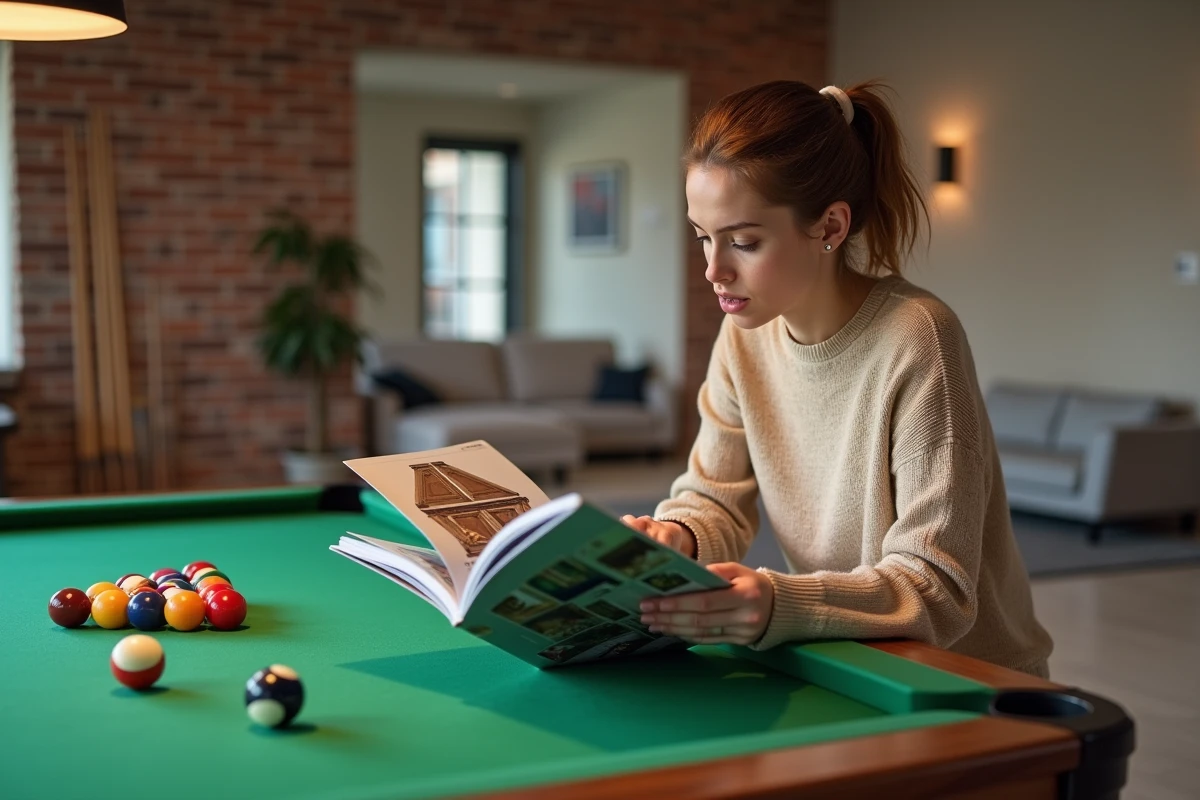 Jeune femme étudiant un catalogue de billard dans un loft