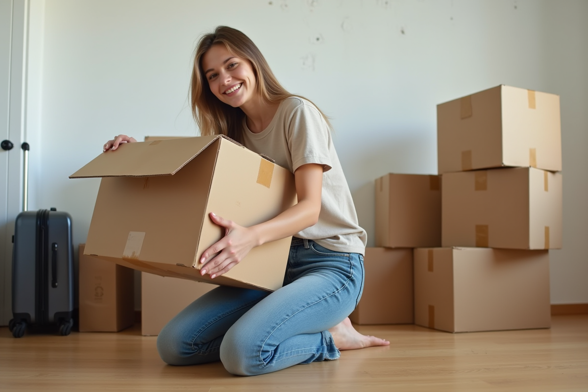 Jeune femme souriante déballant une grande boîte de déménagement