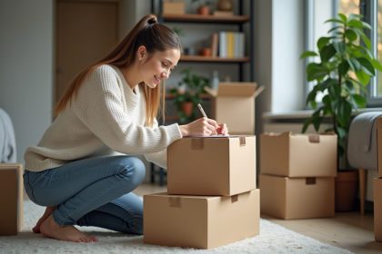 Jeune femme en sweater étiquetant des cartons de déménagement
