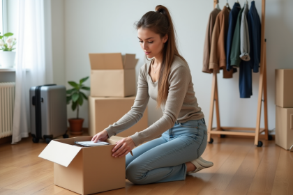 Jeune femme emballant des objets dans un appartement lumineux