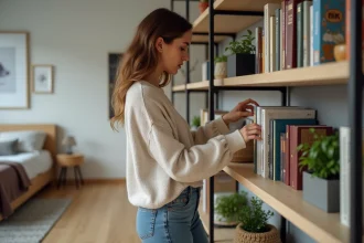 Jeune femme arrangeant des livres dans un salon moderne