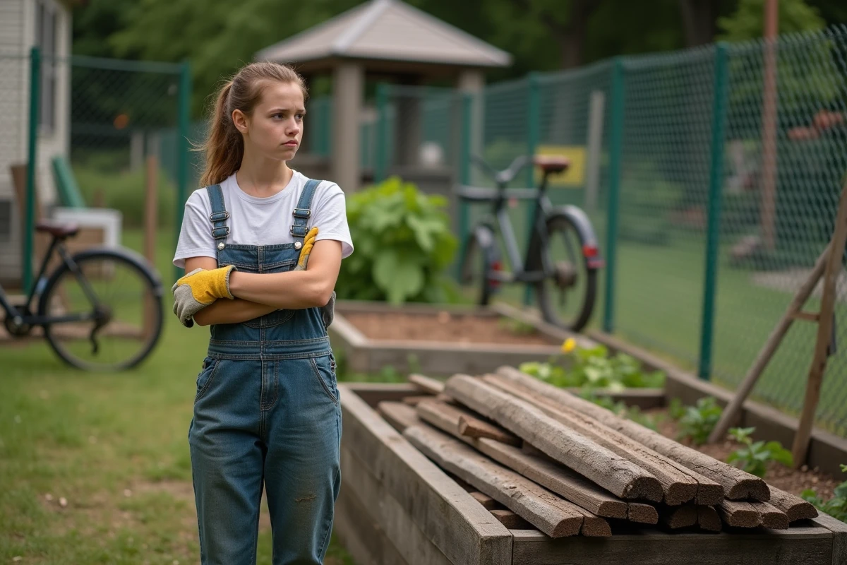 Jeune femme regardant des traverses de chemin de fer dans un jardin communautaire