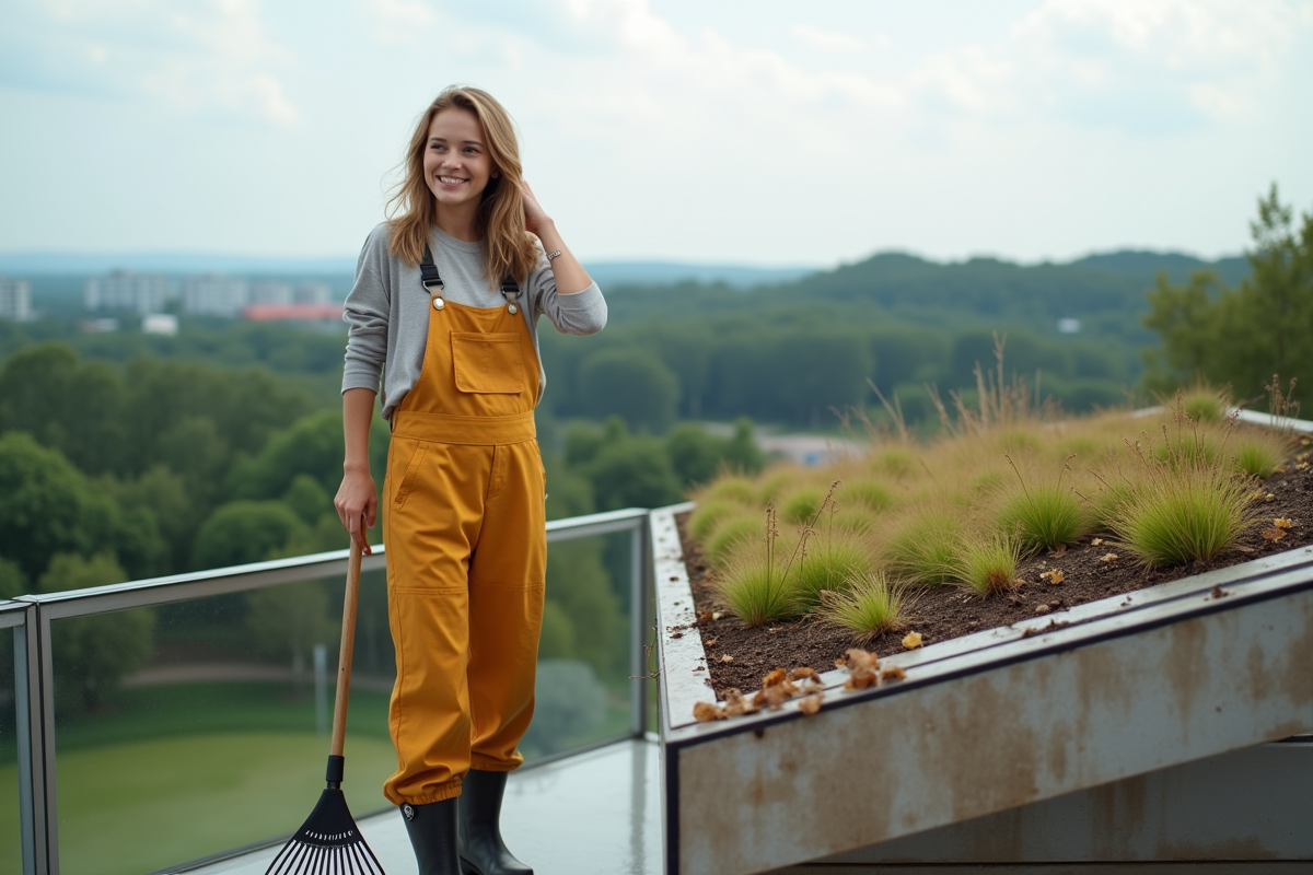 Jeune femme souriante sur un toit écologique avec un râteau
