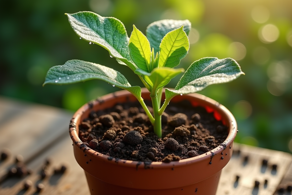 Figuier en pot avec feuilles et gouttes d