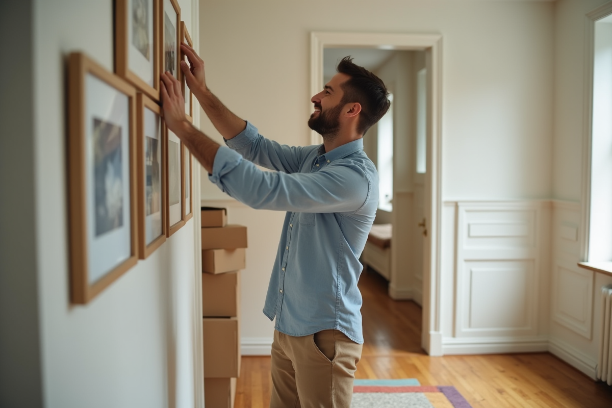 Jeune homme accrochant des photos dans un couloir