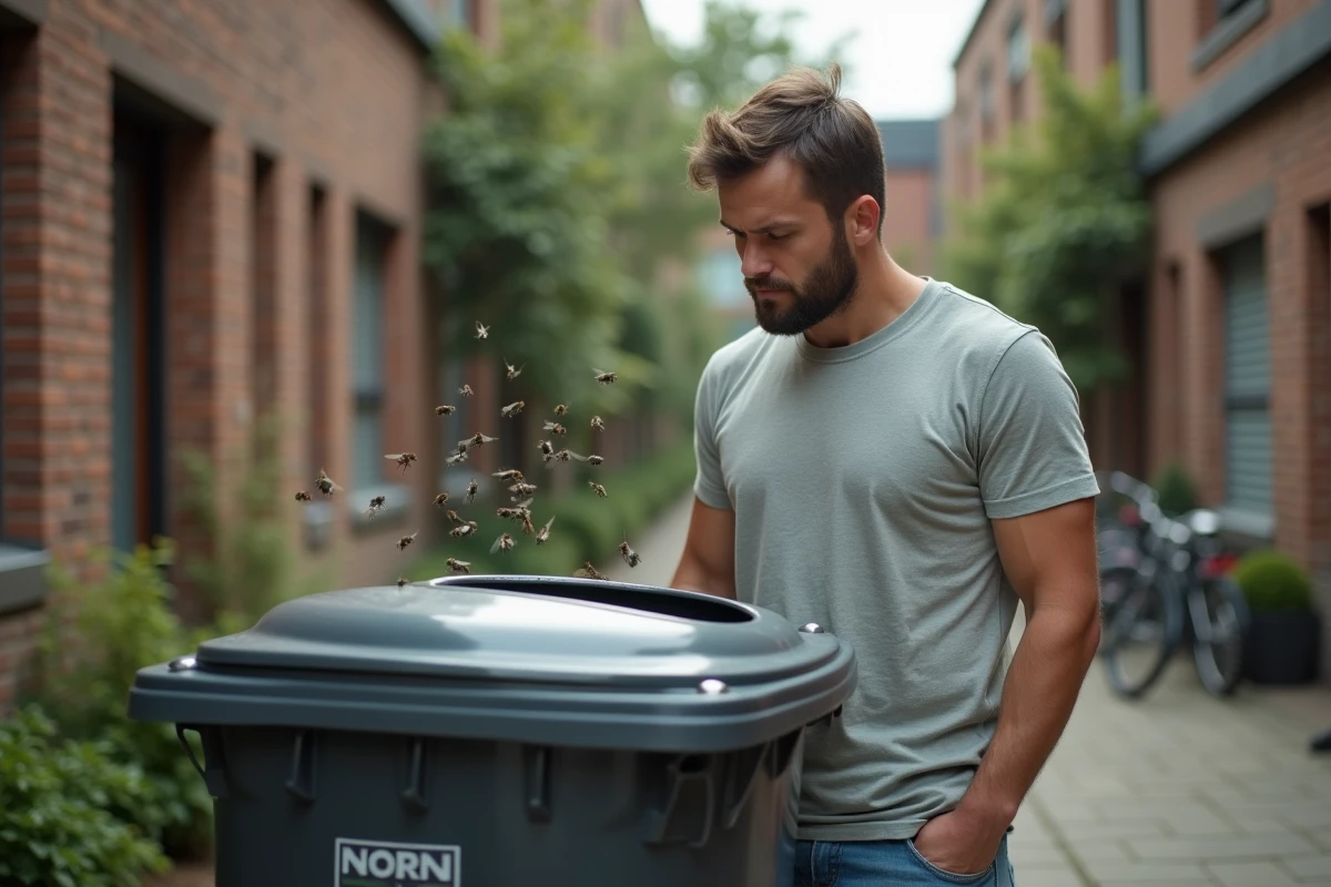 Jeune homme observe un essaim de mouches dans la cour