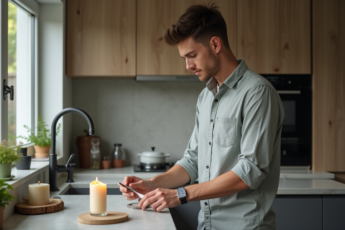 Jeune homme en chemise éteignant une bougie dans la cuisine moderne