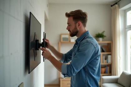 Jeune homme examinant un support TV mural dans un salon moderne