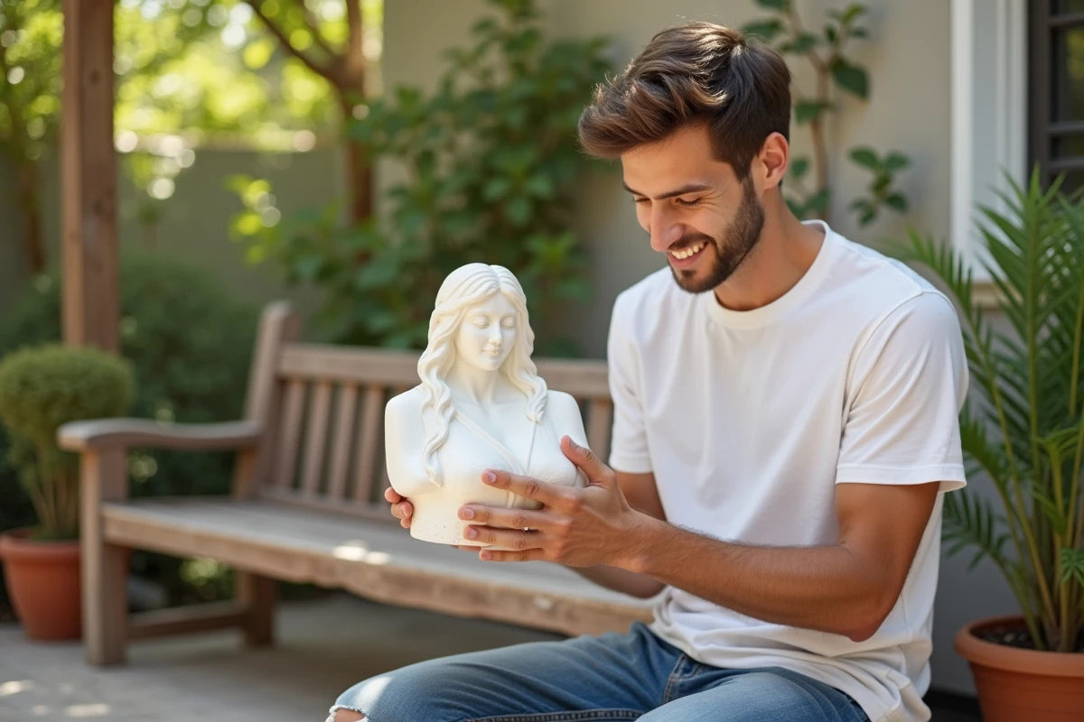 Jeune homme inspectant une sculpture en céramique blanche