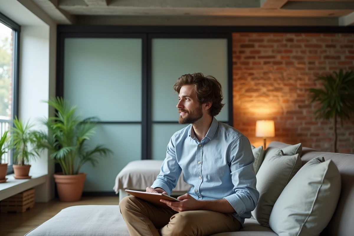 Jeune homme assis avec un carnet dans un studio moderne