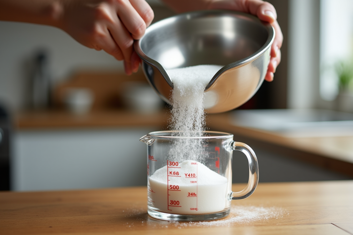 Main versant 300g de sucre dans un verre mesureur