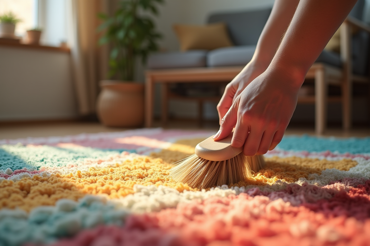 Mains brossant un tapis coloré avec lumière naturelle