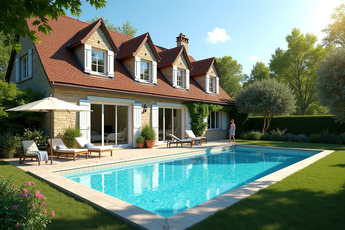Maison française avec piscine et enfants jouant en été