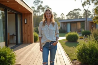 Jeune femme debout devant maison modulaire écologique