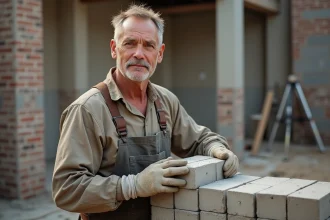 Maçon avec bloc de béton sur chantier extérieur