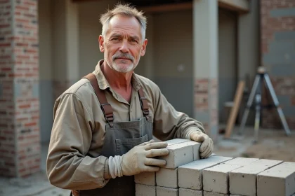 Maçon avec bloc de béton sur chantier extérieur