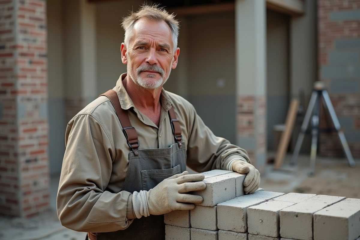 Maçon avec bloc de béton sur chantier extérieur