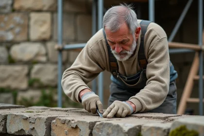 Maçon appliquant du mortier sur un mur ancien en pierre