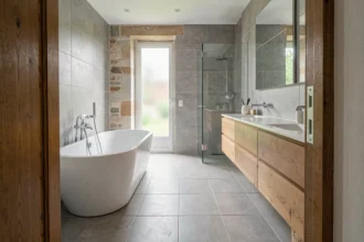 Vue grand angle d'une salle de bain moderne rénovée en Maine-et-Loire, avec baignoire îlot, carrelage gris et robinetterie chromée