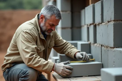 Ouvrier mesurant un parpaing standard sur un chantier d'autoconstruction en plein air
