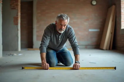 Homme mesurant la surface au sol d'une pièce en rénovation avec un mètre ruban jaune sur un sol en béton brut