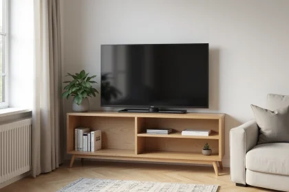 Meuble TV d'angle en bois clair dans un salon modeste avec télévision à écran plat et décorations simples
