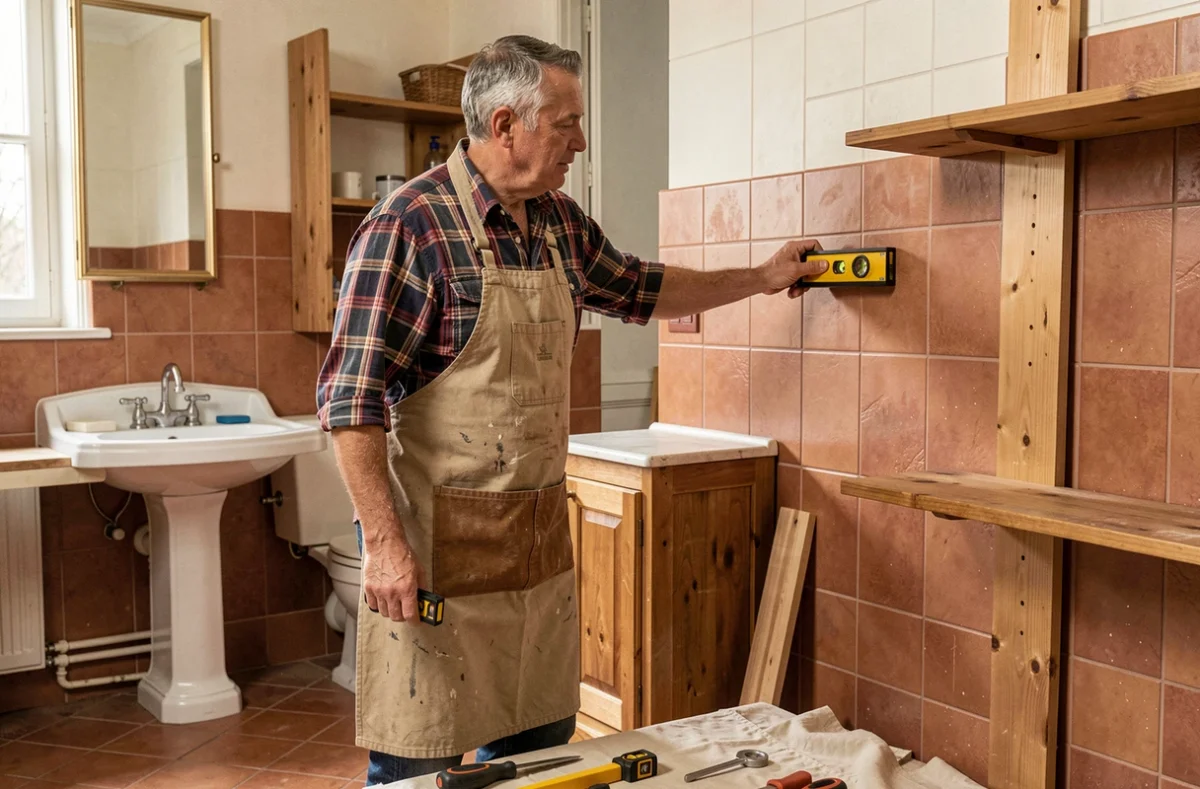 Artisan de Montecot Jacques Habitat prenant des mesures précises avant la pose de meubles dans une salle de bain traditionnelle